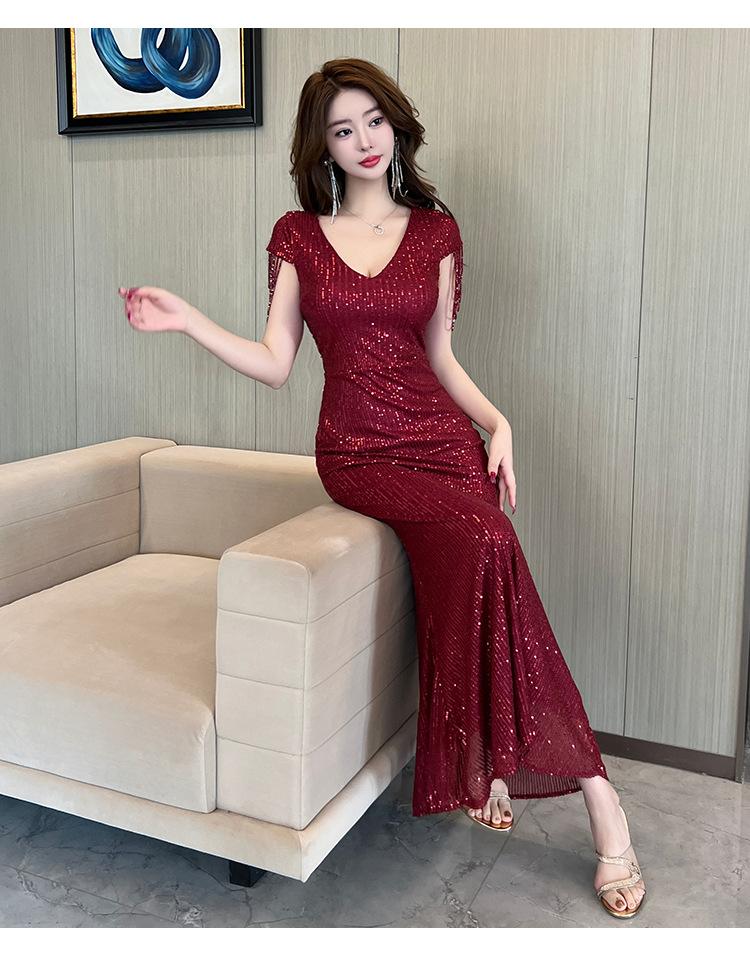 High-end temperament high-end banquet host bright lotus leaf fish tail dress fashion celebrity style evening dress women