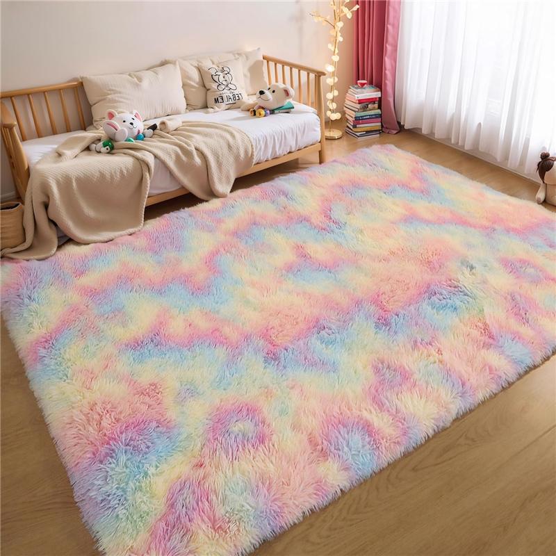 Rainbow Fluffy Shag Area Rug for Bedroom Ultra Soft Fuzzy Plush Washable Carpet Modern Cozy Non Skid Furry Shaggy Rug for Kids Baby Boys