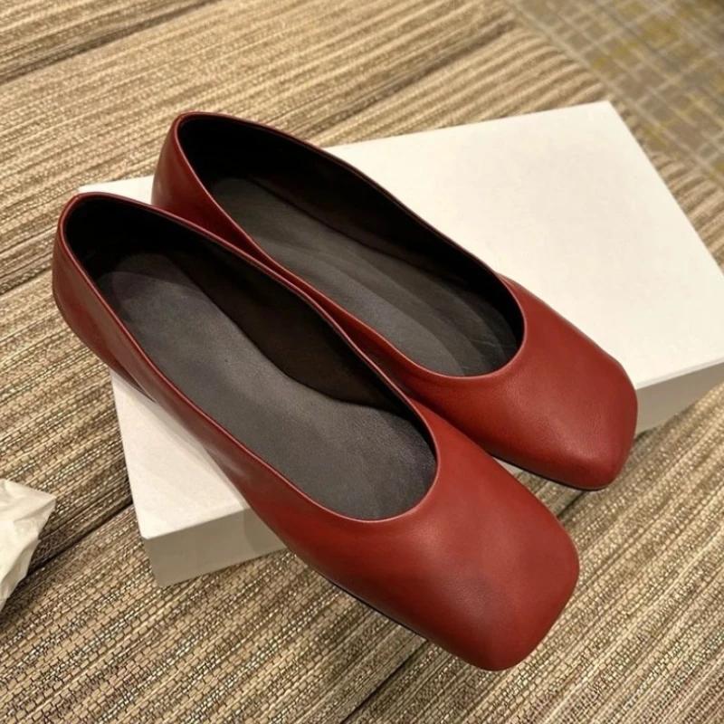

Женские кожаные балетки на мягкой подошве, повседневные туфли-лодочки, лето 2025, квадратный носок, плоские туфли Мэри Джейн 40 красный