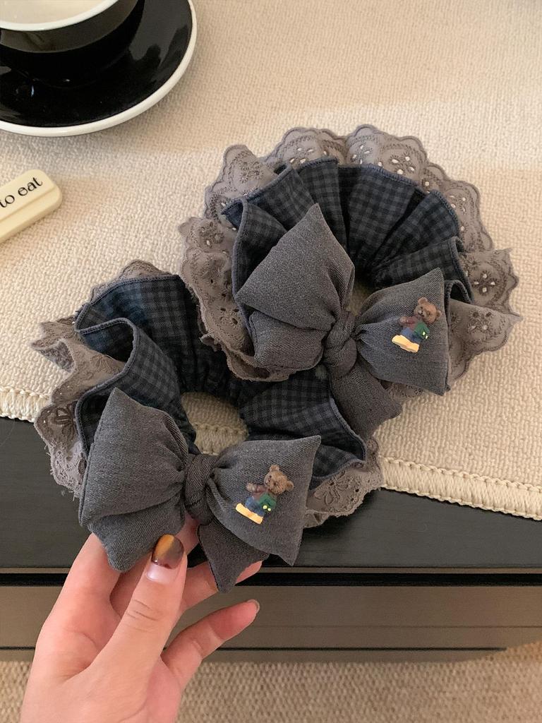 Korean Retro Gray Plaid Bow Lace Scrunchie - Oversized Hair Tie for Women, Suitable for Big Buns & Low Ponytails