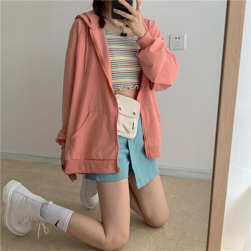 

Женские толстовки с капюшоном, однотонные толстовки с карманами на молнии, Harajuku, корейские толстовки с длинными рукавами, уличная одежда, повседневный топ XXL розовый