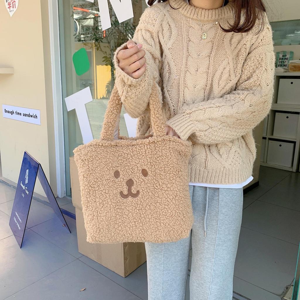 Women Cute Plush Bear Girl Heart Embroidery Double Sided Shoulder Bag