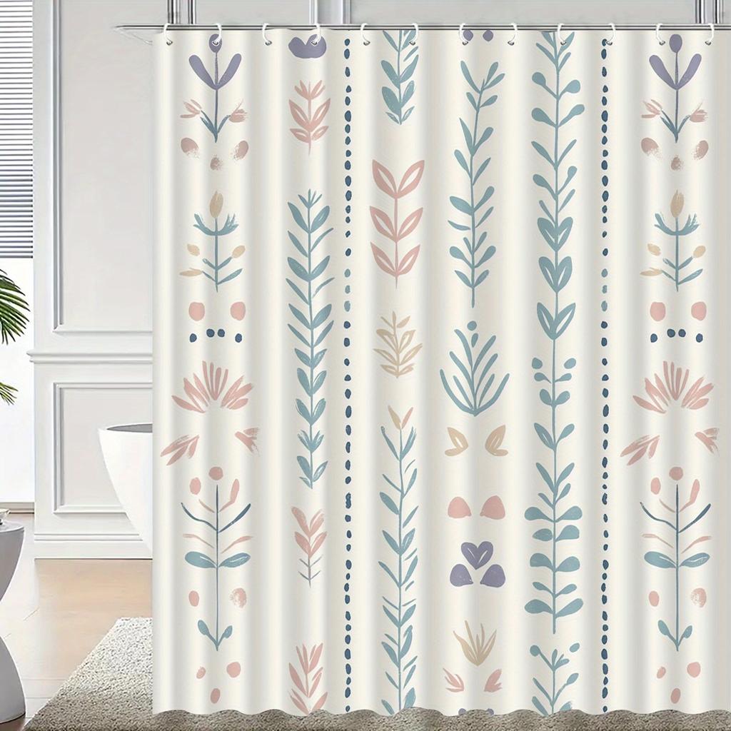 1Pc Floral Pattern Shower Curtain With Hook, Bathroom Partition, Bathroom Accessories, Home Decoration