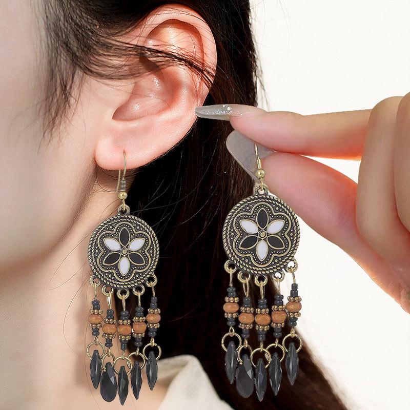 Ethnic Style Earrings, High-End Long Beaded Water Drop Fringed Earrings, Bohemian Ear Jewelry.