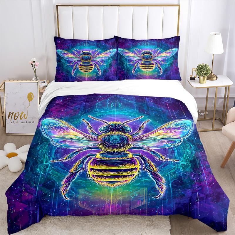 3pcs Neon Bee Print Duvet Cover Set, Cover For Bedroom Guest Room (1 Duvet Cover + 2 Pillowcase, Without Quilt),  yy250922152