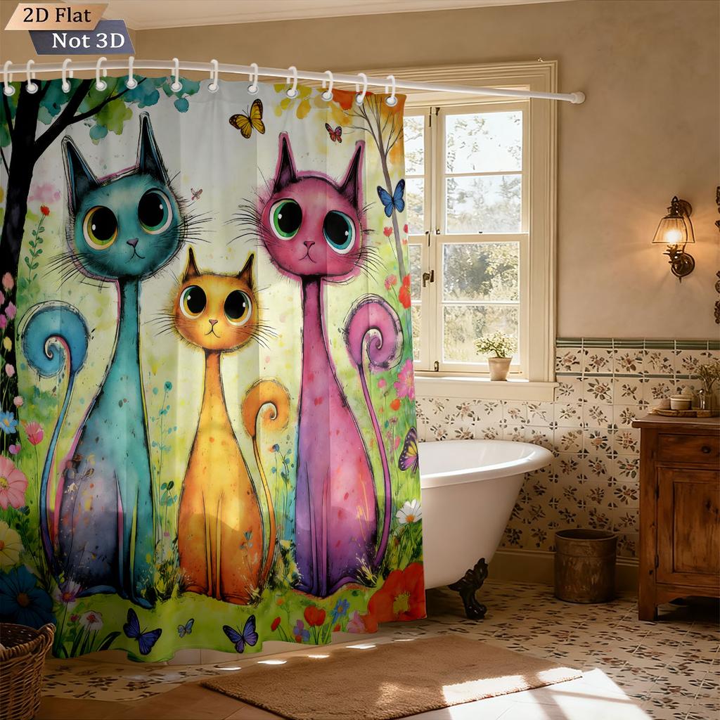 1Pc Color Cartoon Cat Print Waterproof Shower Curtain Partition Privacy Hanging Curtain, With 12 Hooks, Multiple Sizes