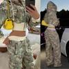 VibeStreet Fashion Y2K Camouflage Hooded Two Piece Sets Women Zipper Long Sleeve Crop Top and Pants Outfits Autumn 2pcs Streetwear