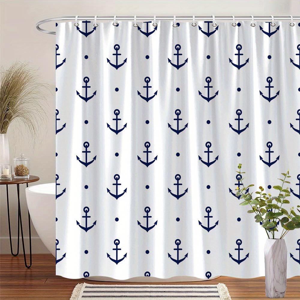 Navy Blue Anchors & Dots Shower Curtain - Minimalist Nautical Design, 70x70 Inches, Washable Polyester with Hooks