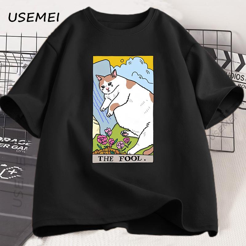 Sad Cat Meme The Fool Tarot T-Shirt Men Women Witchy Clothing Crying Cat T Shirt Casual Oversized T-shirts Streetwear Clothing