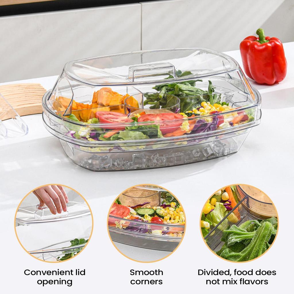 Chilled Serving Tray With Lid 4 Compartments Ice Cooling Platter Divided Fruit Tray For Party Snacks Seafood Salad Desserts