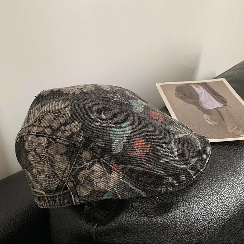 WTEMPO Retro Simple Casual Floral Printed Denim Berets Women All Match Ethnic Style Solid Color Cotton Kepi Hats