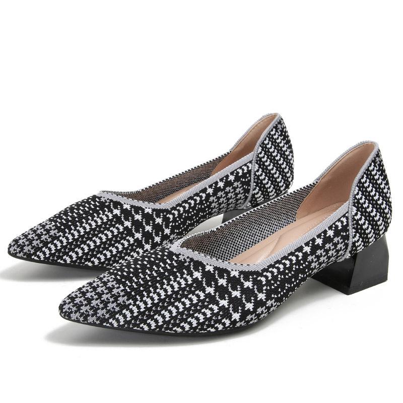 Flying Woven Single Shoes Temperament Fan Color Medium Heel Knitted Pointed Boat Shoes Single Thick Heel