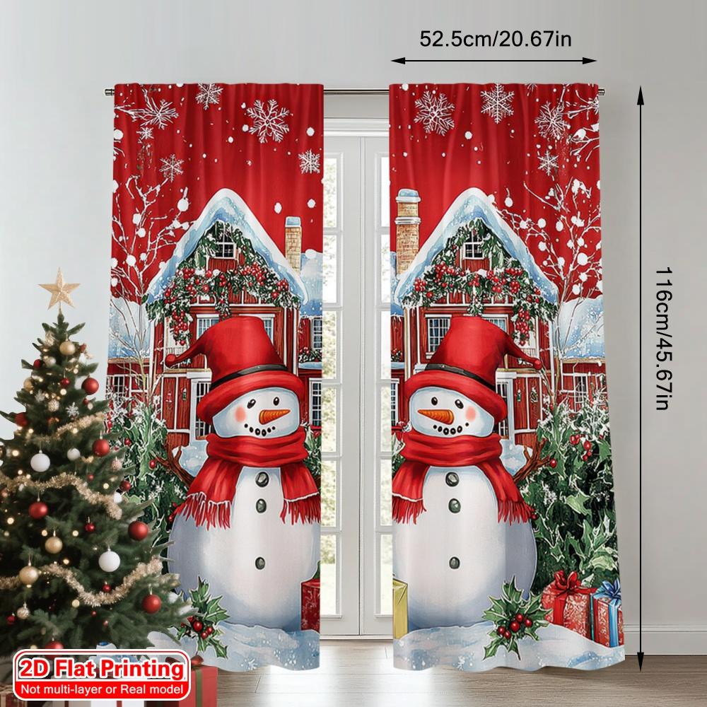 2D Flat Printing 2Pcs Christmas Curtains For Living Room House Red Snowman Printed Window Curtain Natural Drapes For Bedroom