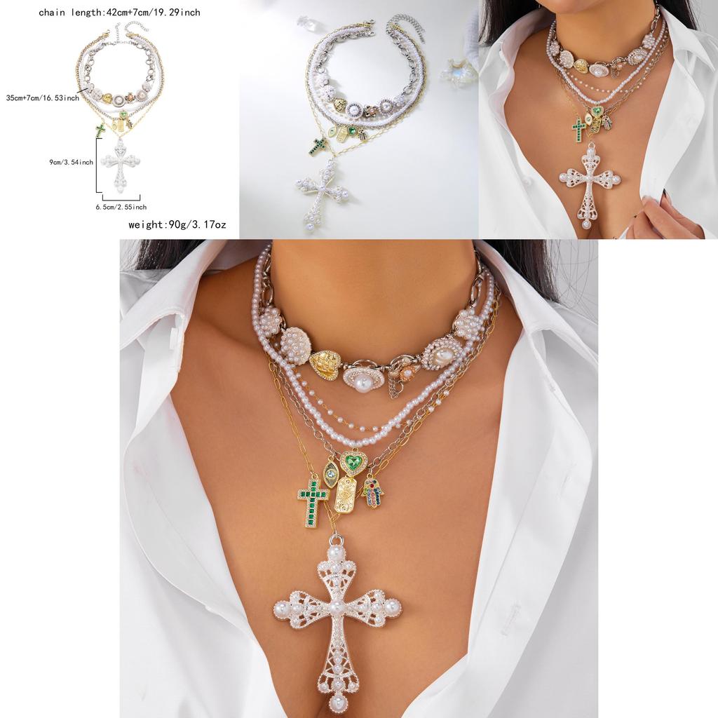 Style Layered Cross Pendant Necklace With Rhinestone Embellishments For Women