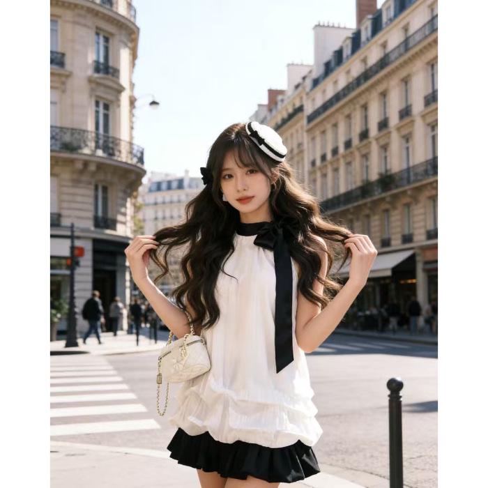 2026 French White Sleeveless Halter Dress with Petite Floral Skirt - Stunning Summer Women s Outfit 2XL