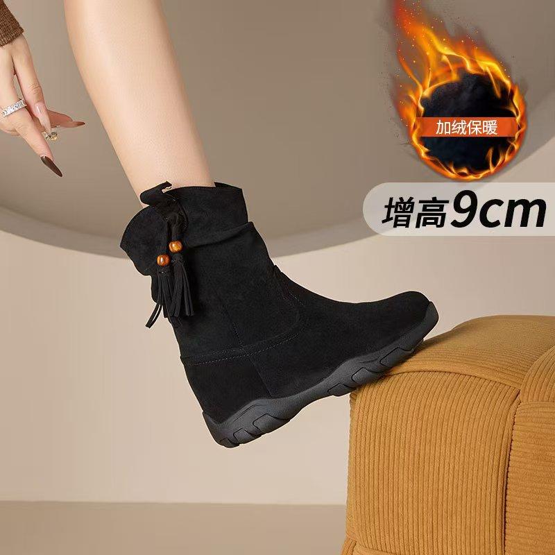 Inner heightening Martin boots women's new invisible cm medium tube stacking boots fleece thin high heel short boots