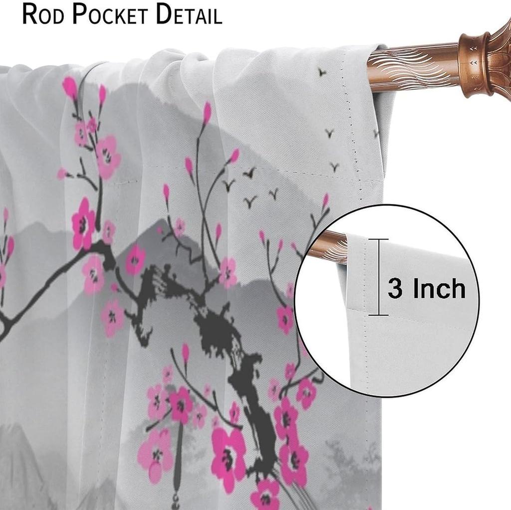 Asian Japanese Cherry Blossom Curtains Plum Ink Landscape River Pagoda Window Treatments Drapes Boys Girls Vintage Made Of Polyester