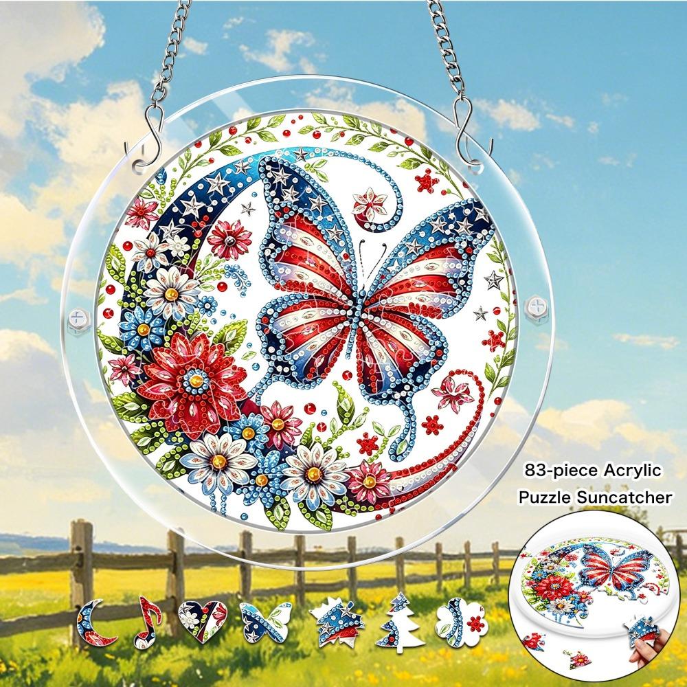 2D Flat, 1set/83pcs 18.8cm Acrylic Jigsaw Patriotic Butterfly Floral Acrylic Puzzle Garden Sun Catcher Independence Day Artistic Style Hanging Window