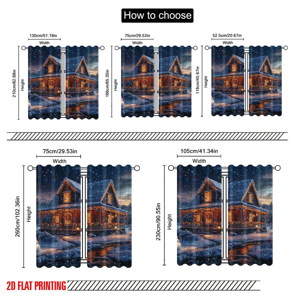 2pcs 2D flat printing Merry Christmas Curtain Christmas Lodge with Snowman Scenery Versatile 100% Polyester Without Electricity
