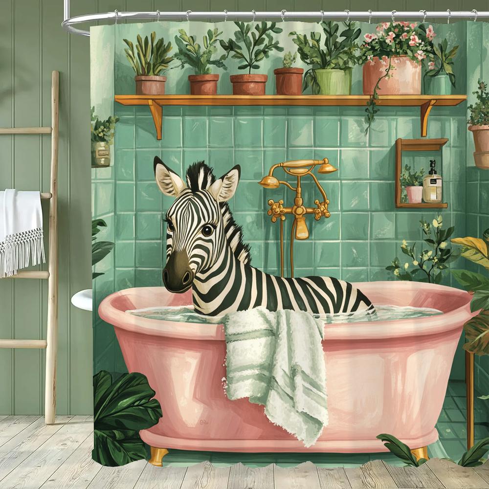 Zebra Bathing In a Stylish and Creative Bathtub Shower Curtain With Hooks,Tropical Plant Animal Home Bathroom Decoration Curtain