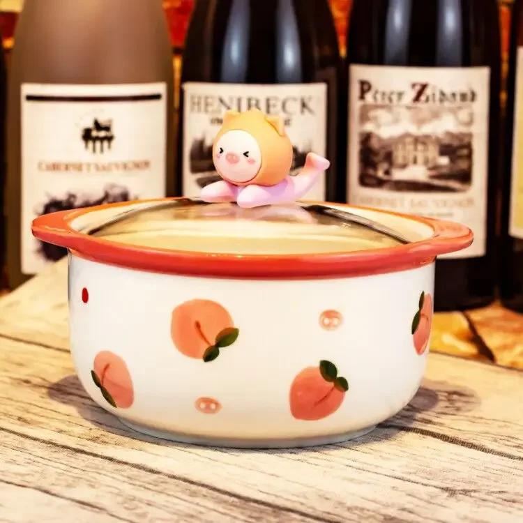 

Cute Kitchen Large Instant Noodles Fruit Salad Rice Soup Bowl Tableware With Lid Strawberry Peach Ramen Bowl Single bowl персиковый
