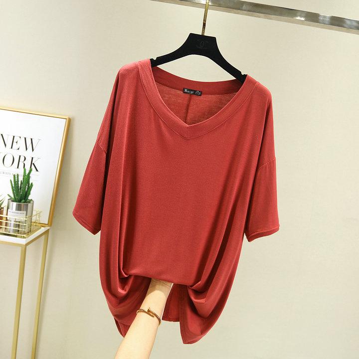 

Женская летняя футболка большого размера с V-образным вырезом в корейском стиле - С коротким рукавом, приталенная, универсальный однотонный модальный топ One Size