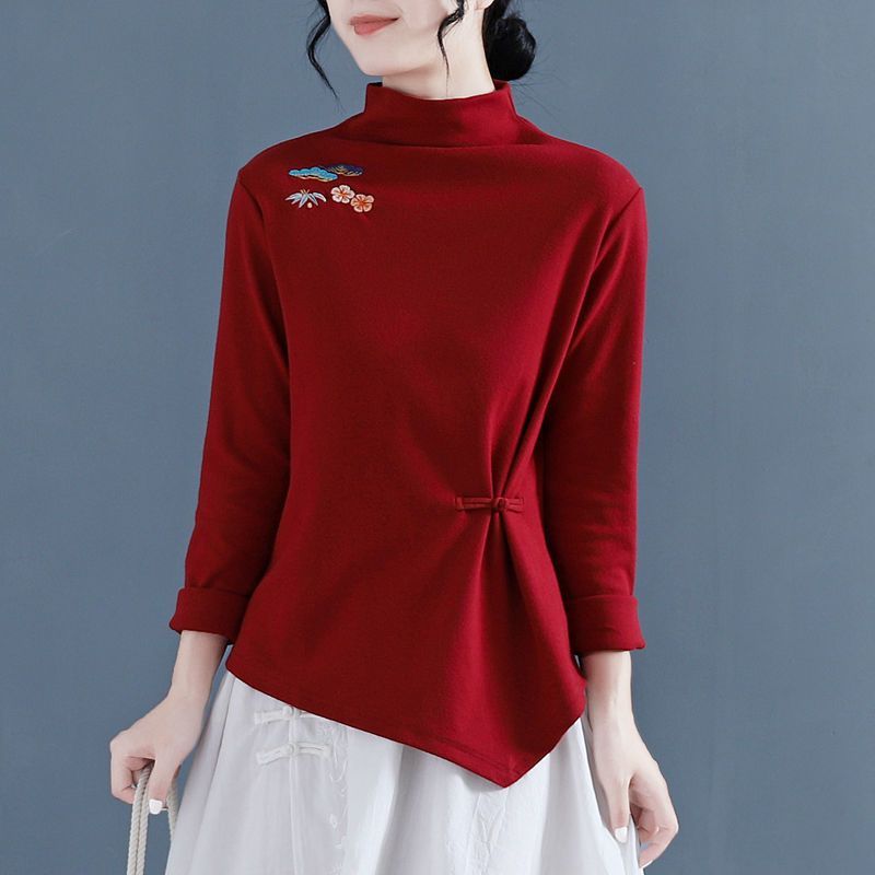 Half-high Collar Thin Velvet Bottoming Shirt Women's Retro Embroidery Autumn and Winter Chinese Style Waist Buckle Long-sleeved Top
