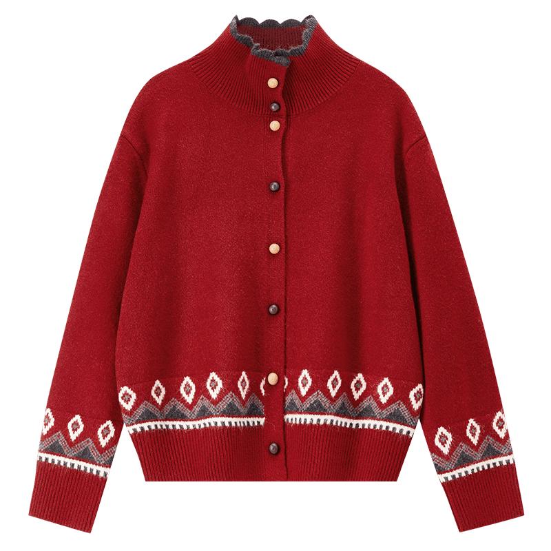 Women s Fair Isle Jacquard Stand Collar Cardigan M