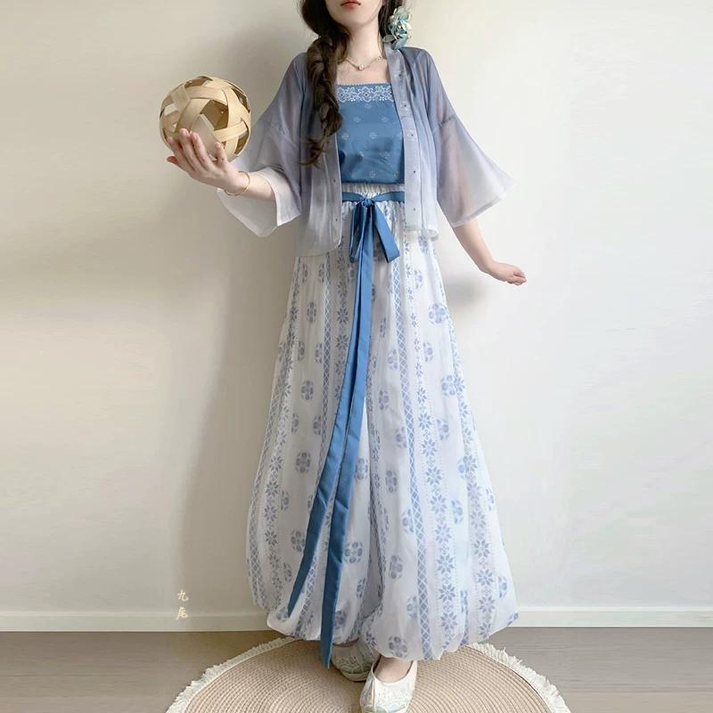 

Chinese Song Dynasty Style Hanfu For Women Summer Daily Outfit Short Sheer Cardigan, Camisole & Floral Wide Leg Pants Set L синий