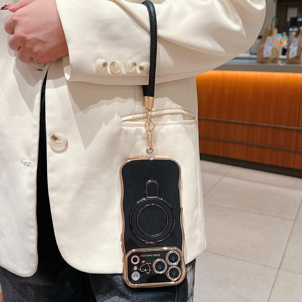 Wavy Frame Wrist Strap Phone Case for iPhone 17 Air 16 15 14 13 12 11 Pro Max Plus Silicone Soft Protective Cover Magnetic Stand