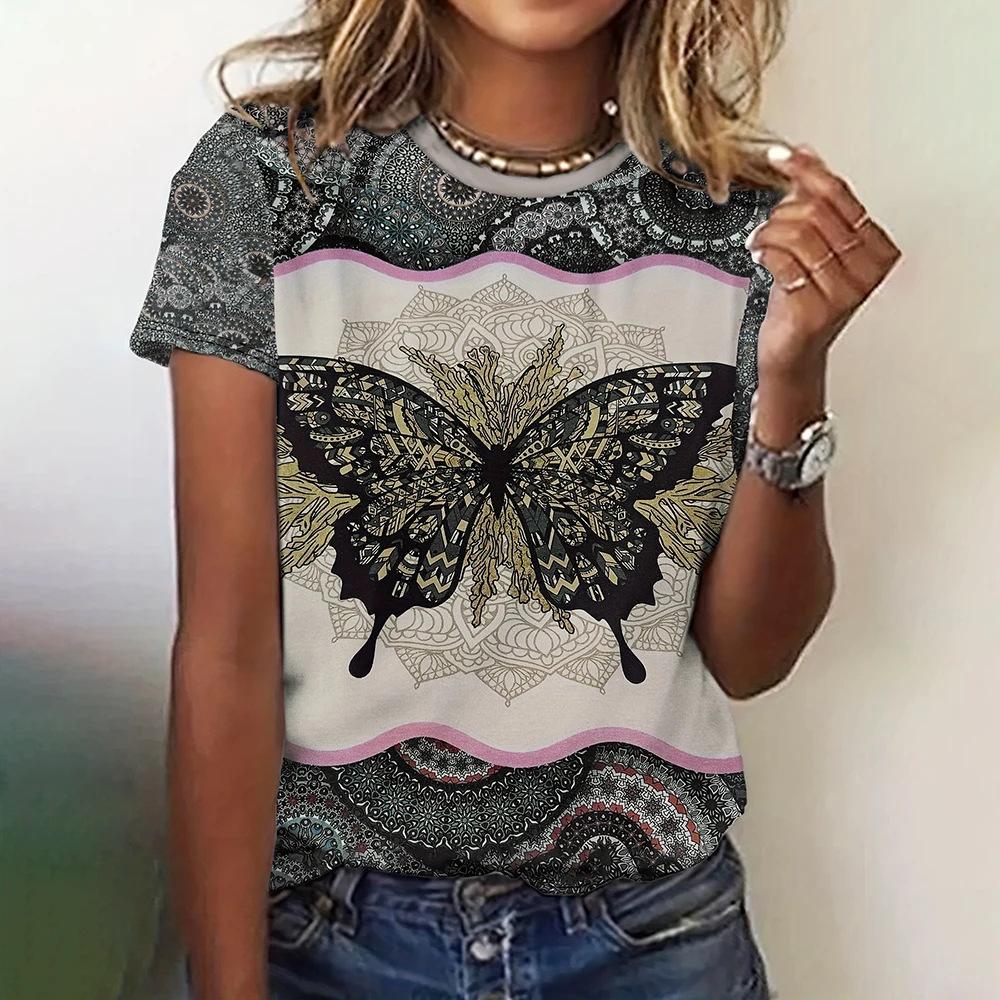 Women's round neck T-shirt 3D digital printed short sleeved shirt fashionable butterfly print 3432