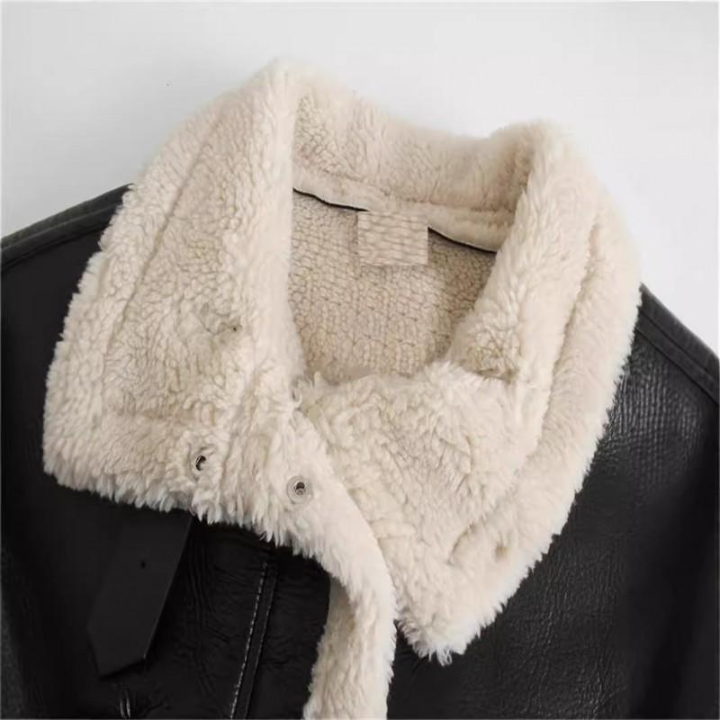 Womens Fleece-Lined Faux Leather Winter Jacket Short Loose Fit Stand Collar Casual Outerwear