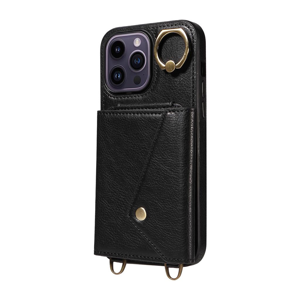 For iPhone 14 Series.for iPhone 14,14 Plus,14 Pro,14 Pro Max Shoulder Strap Rope Ring Bracket Design Card Holder Slots Lichee Pattern Cover Phone Case