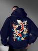 Ukiyo-e Style Auspicious Twin Koi Floral Wave Back Pattern Men Hip Hop Sports Hoodie Long Sleeve Loose Athletic Pullover
