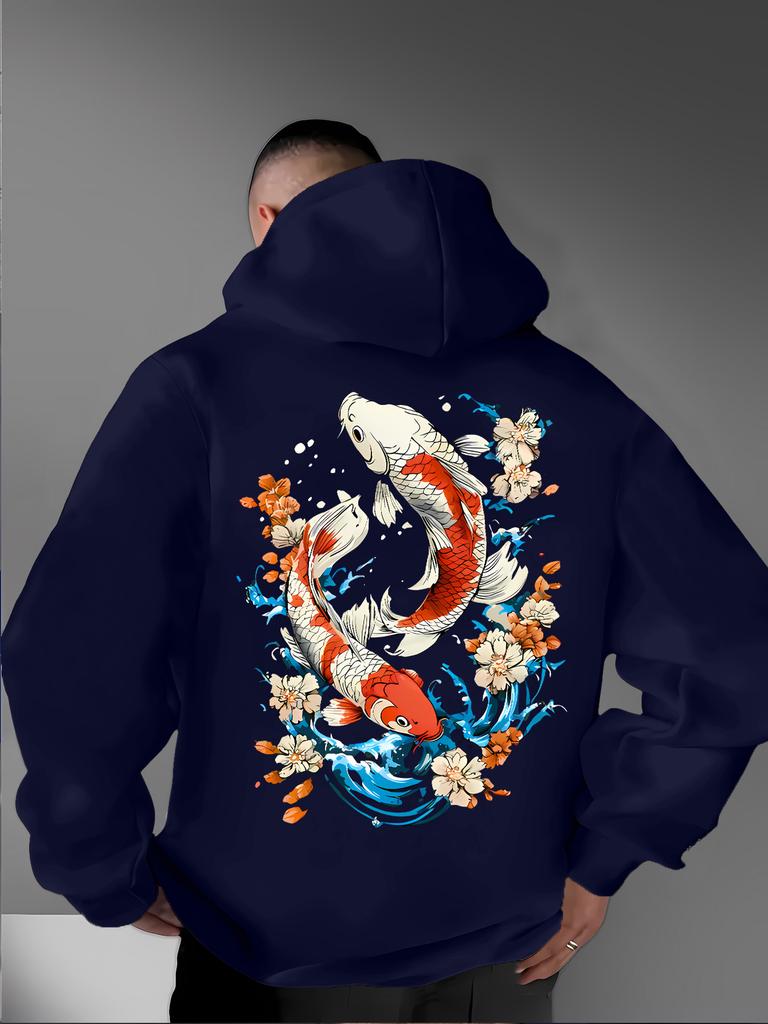 Ukiyo-e Style Auspicious Twin Koi Floral Wave Back Pattern Men Hip Hop Sports Hoodie Long Sleeve Loose Athletic Pullover