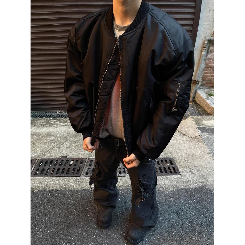 Unisex American-Style MA1 Bomber Jacket: Solid Color, Short, Wide, Loose-Fit Deconstructed Cotton Coat, Trendy Heavyweight Outerwear