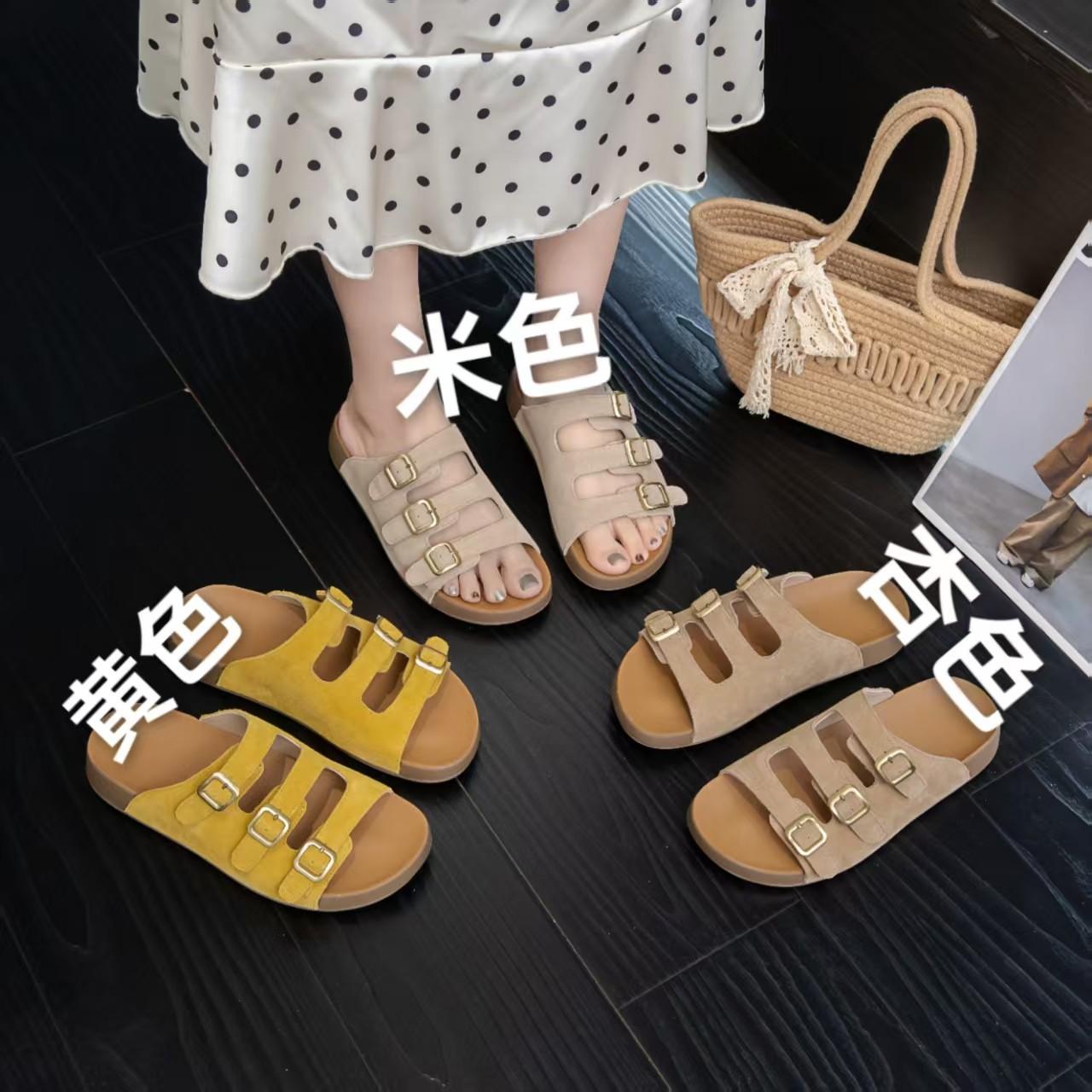 

thick-soled leather one-word slippers women s new open-toed flat-bottomed retro lazy casual beach shoes 40 бежевый