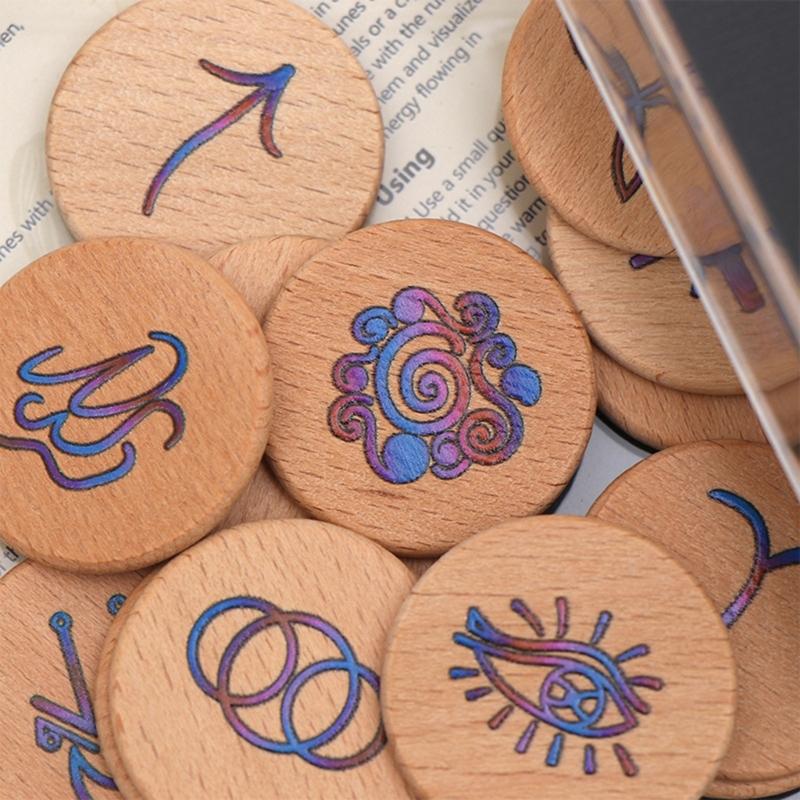 Hand Carved Wooden Runes Symbols Set Divination Runes Stone with Instruction and Storage Bag Heal Gift Decoration
