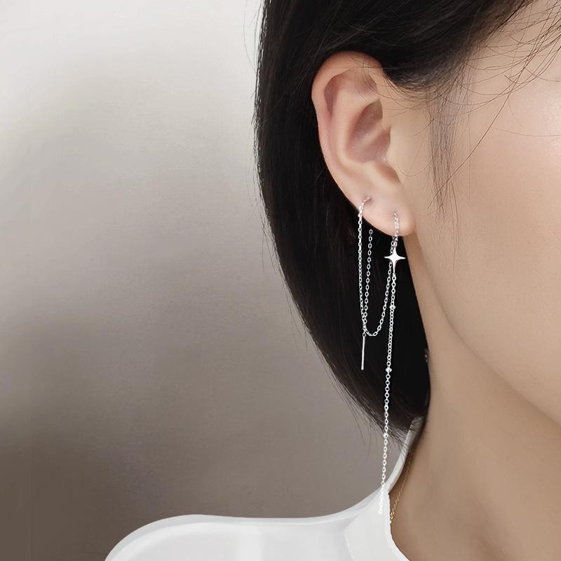 Silver Color Crystal Tassel Non-Piercing Cuff Ear Clip Earring For Women Shiny Rhinestone Chain Fake Cartilage Piercing Jewelry