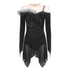 Womens Long Sleeve Bodysuit Dress Rhinestones Sheer Mesh Hem Buttoned Crotch Latin Dance Wear