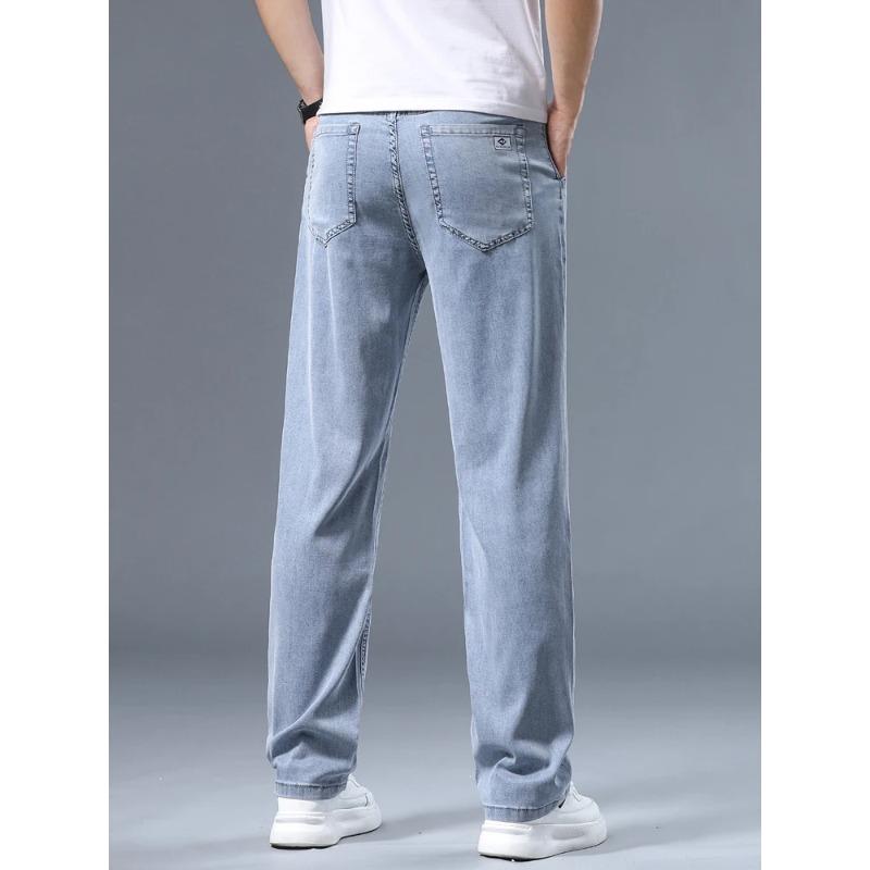 Summer Ultra-thin Men's Jeans Lyocell Soft Breathable Loose Straight Light Blue Denim Pants Business Casual Ice Silk Trousers