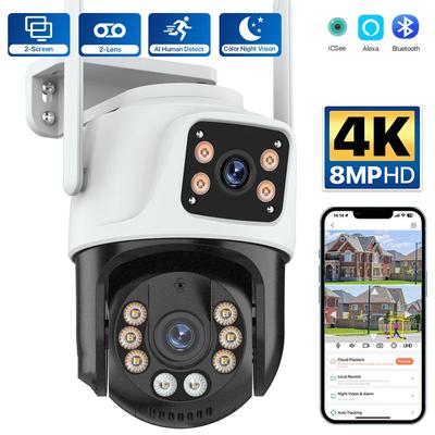 New Outdoor PTZ 8MP 4K Wifi Surveillance Camera Two Lens Security Waterproof Closed Circuit Surveillance AI Auto Tracking Camera ICsee APP