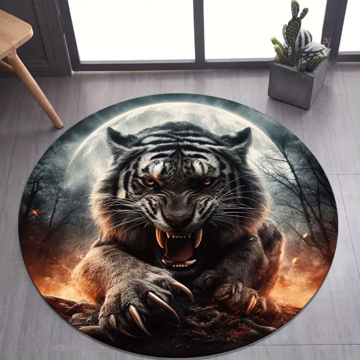 

1pc Soft Tiger Round Area Rug - Non-slip, Washable Polyester Area Rug for Living Room, Bedroom, Kitchen and Bathroom 100x100cm