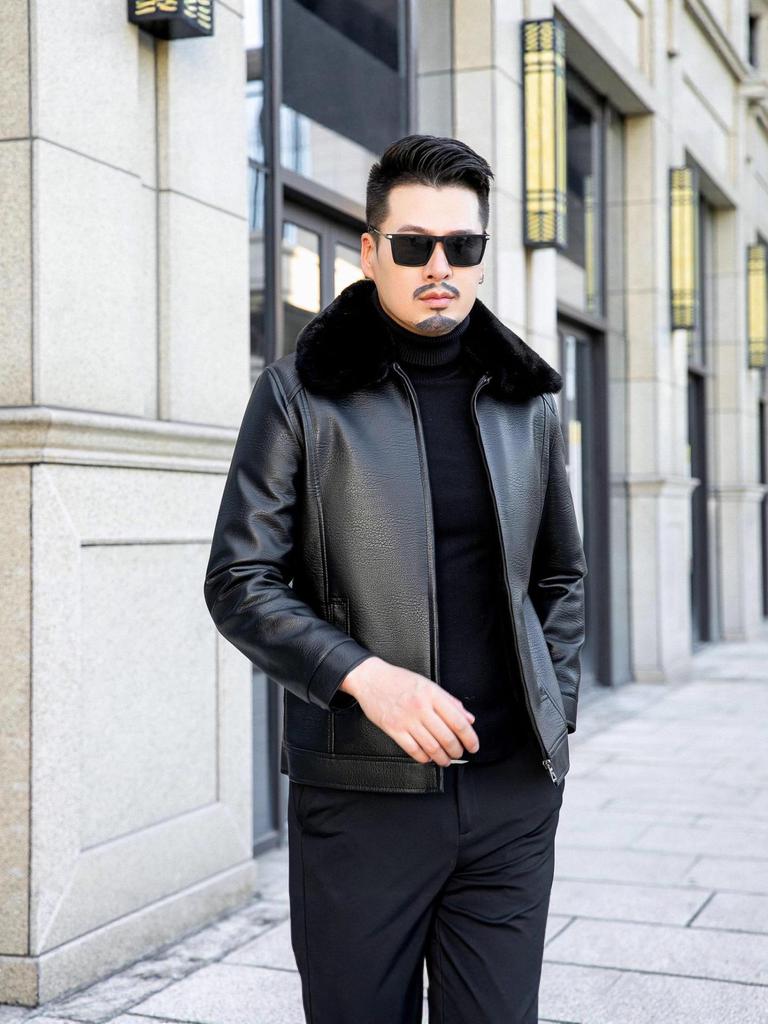 Men's Winter Casual Lapel Leather Jacket with Plus Velvet, Suitable for Middle-aged and Elderly.