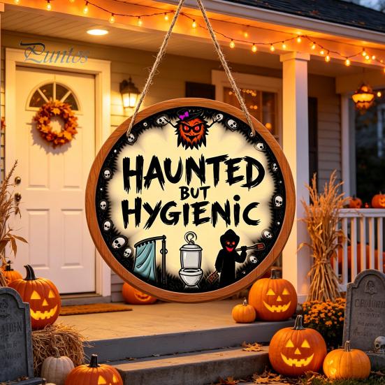 Unique Bathroom Wall Art Halloween Hanging Ornaments, Creative Ghost Wooden Gothic Style Home Decor Sign, Decorative Sign for Restroom Rustic Wood