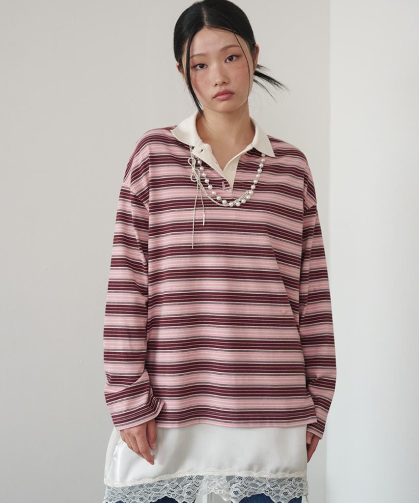 OPENING SUNSHINE Button Detail Striped Rugby Long Sleeve T-Shirt Pink