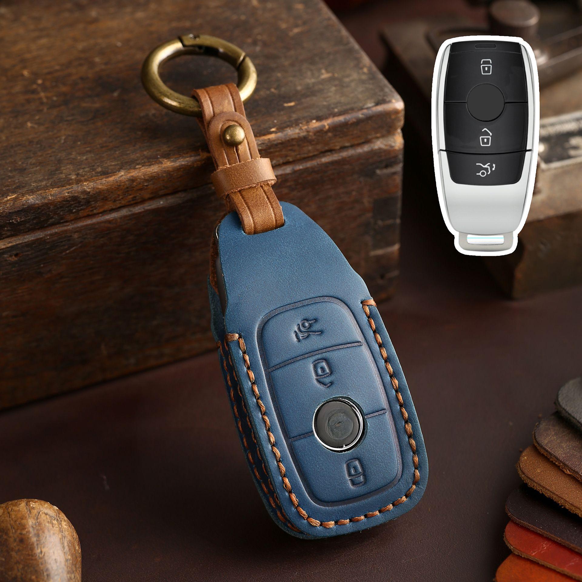 

Car Key Case Leather Protector Cover Set for Mercedes Benz A C E S Class W221 W177 W205 W213 Remote Holder Key Chain Accessories синий