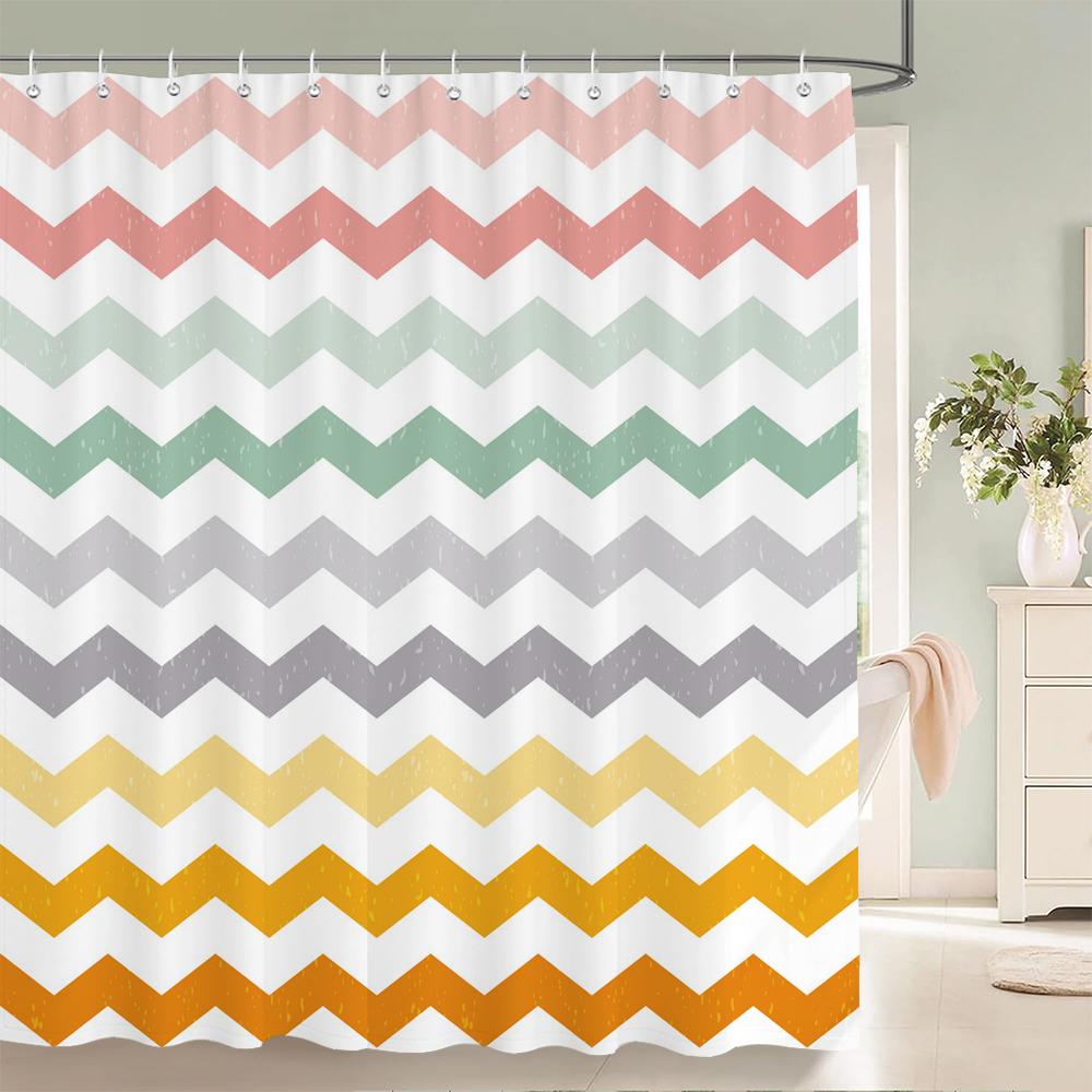 Geometric Stripe Printed Shower Curtain Color Art Polyester Fabric Shower Curtain Home Bathroom Decoration Curtain with Hooks