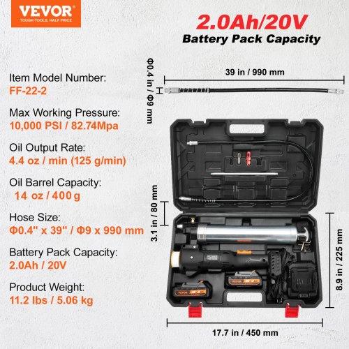 VEVOR Cordless Grease Gun, 20-Volt, 10,000 PSI, 39" Long Hose