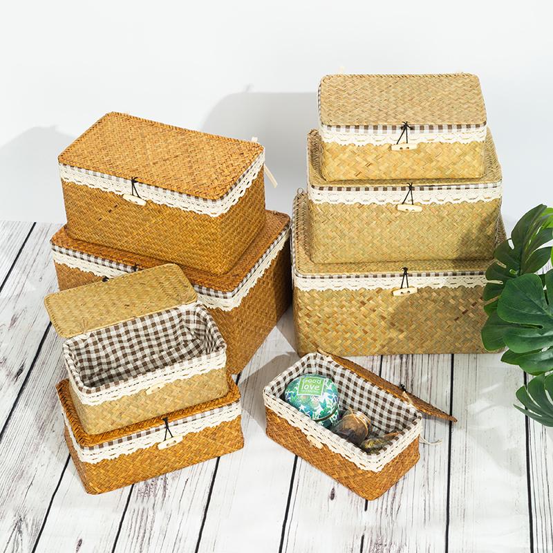 Wicker Basket with Lids Nautral Seagrass Storage Box Basket Woven Rectangular Bins Container Rattan Storage Organizer